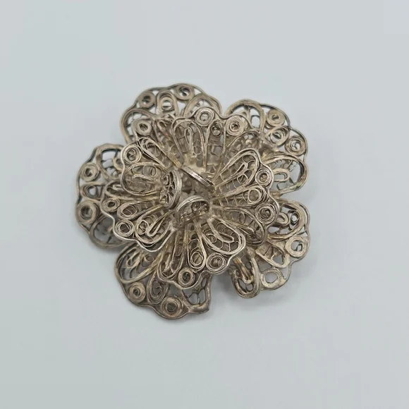 VTG Mexico Silver Filigree Flower Brooch Pin Layered Floral 1.75" REPAIR - Picture 1 of 12